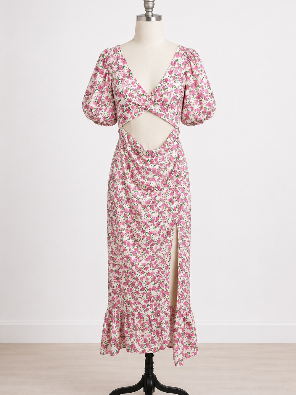 Sugar Lips Pink Floral Cutout Puff Sleeve Maxi Dress Size S